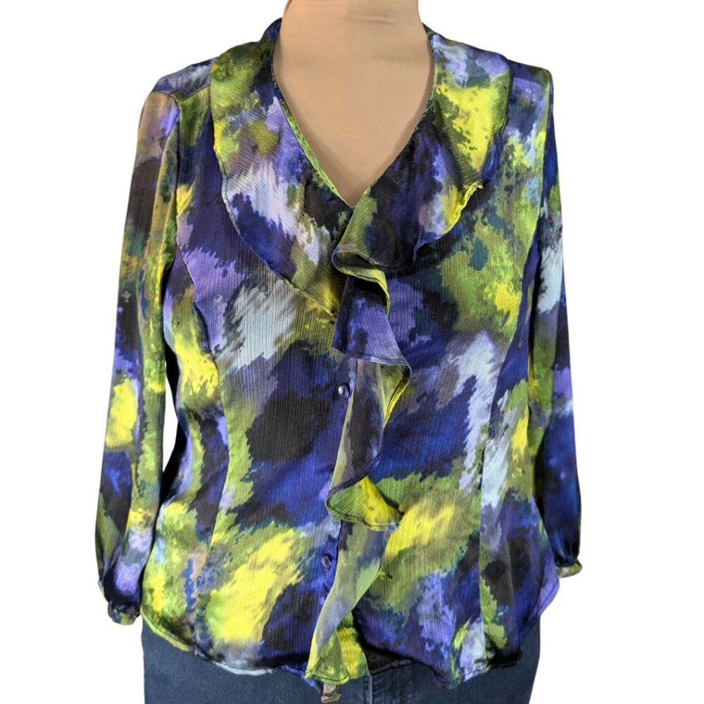 SOLD Lauren Ralph Lauren Wmns Large Long Sleeve Ruffle Watercolor Button Blouse - Picture 1 of 8
